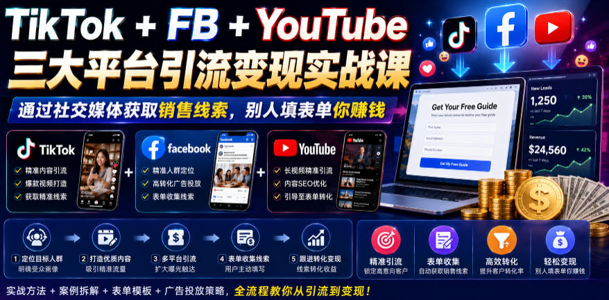 TikTok+FB+YouTube三大平台引流变现实战课,通过社交媒体获取销售线索,别人填表单你賺钱【原创双语字幕】-马哥的资源库