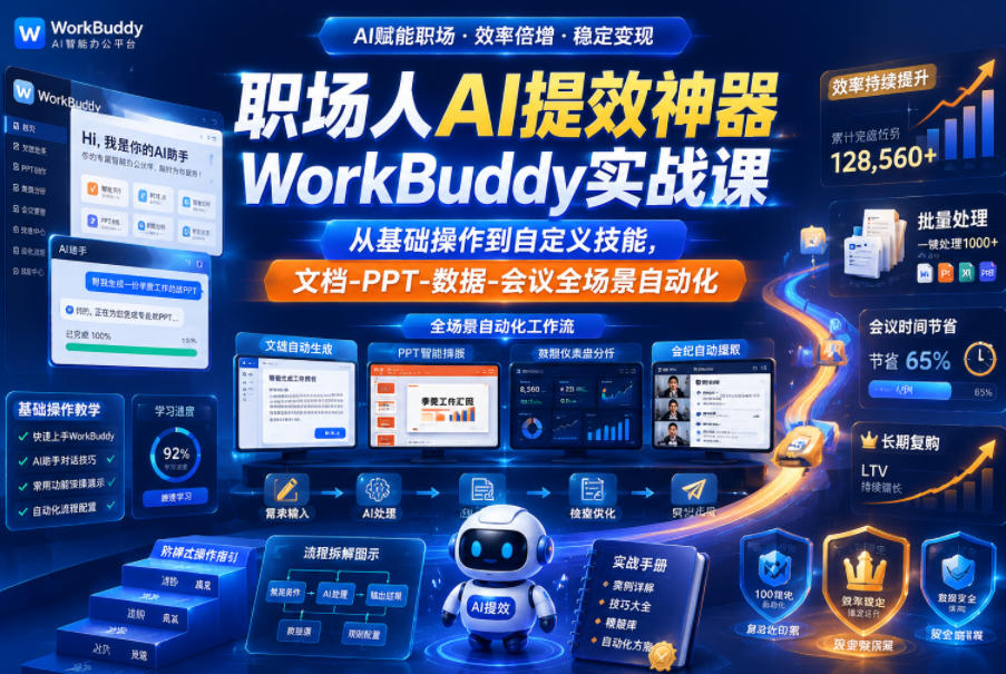 职场人AI提效神器WorkBuddy实战课，从基础操作到自定义技能，文档-PPT-数据-会议全场景自动化-马哥的资源库