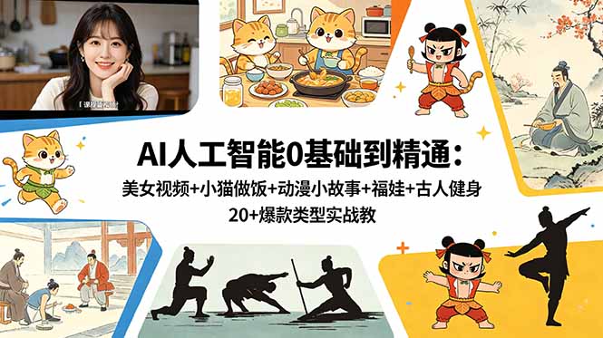 AI人工智能0基础到精通:美女视频+小猫做饭+动漫小故事+福娃+古人健身,20+爆款类型实战教学-马哥的资源库