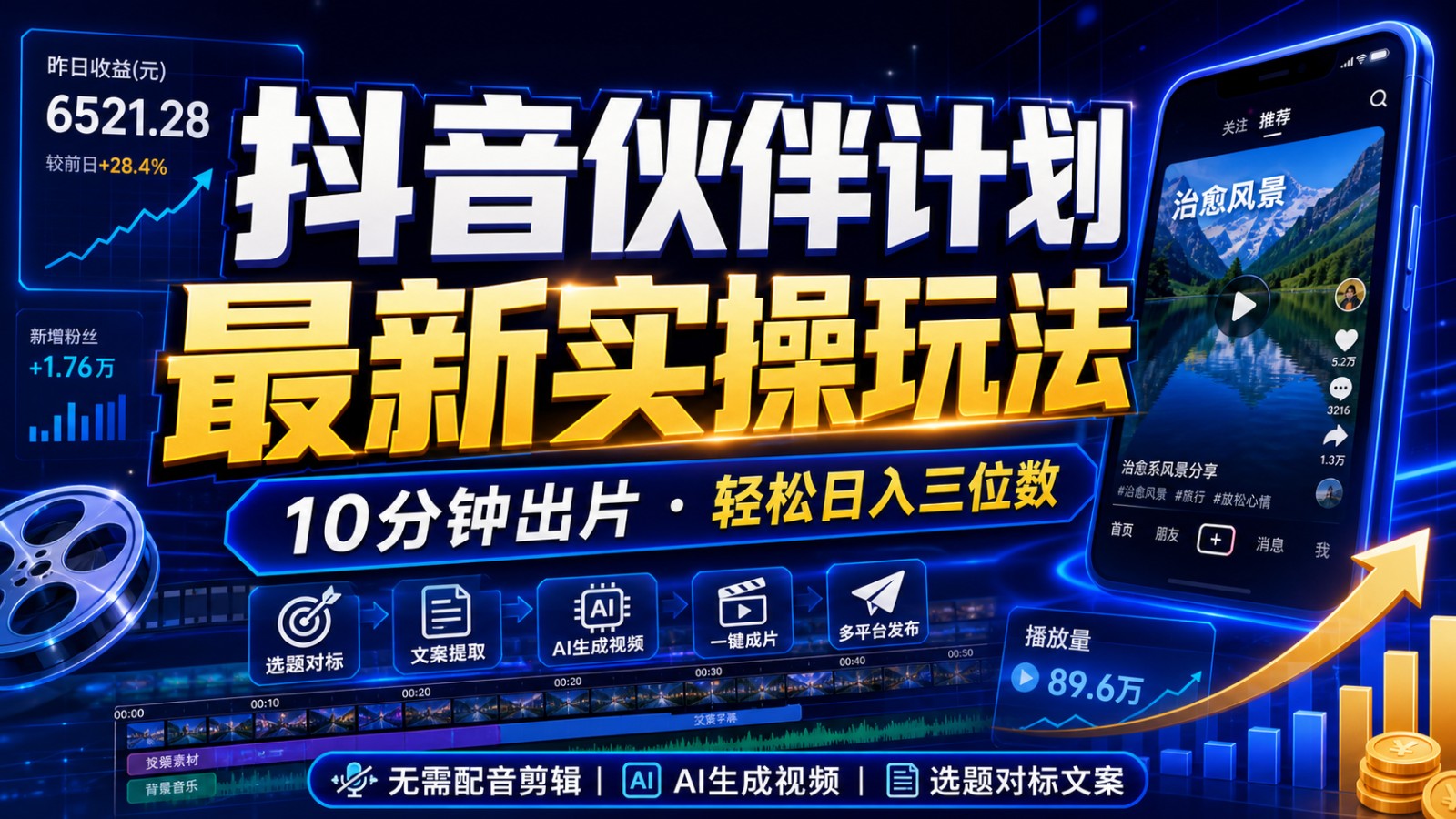 抖音伙伴计划最新暴利玩法，不用找素材和剪辑，10分钟出一条原创视频，轻松日入三位数-马哥的资源库