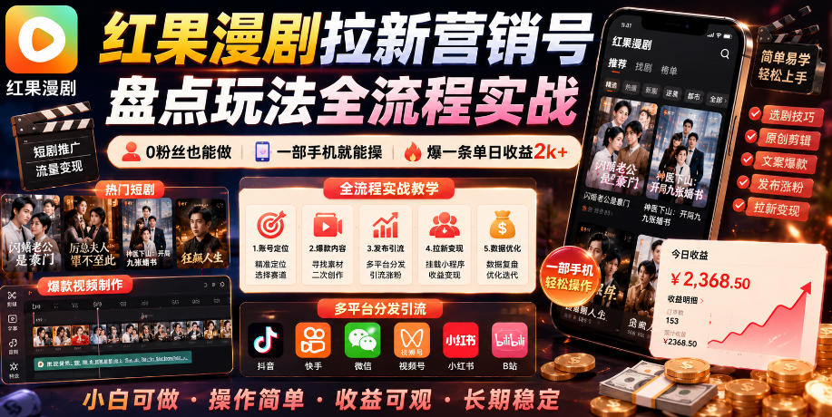红果漫剧拉新营销号盘点玩法全流程实战,0粉丝也能做,一部手机就能做,爆一条单日收益2k+-马哥的资源库