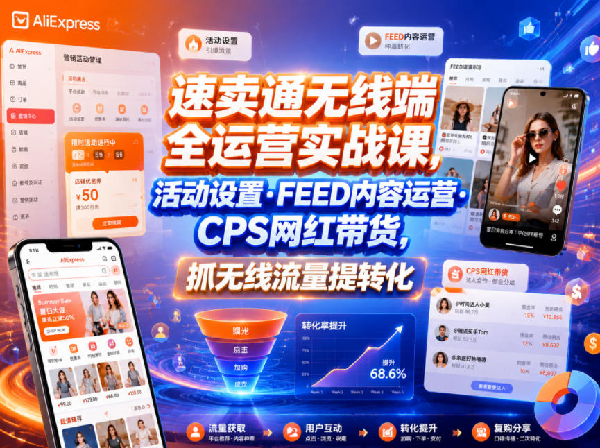 速卖通无线端全运营实战课，活动设置・FEED内容运营・CPS网红带货，抓无线流量提转化-马哥的资源库