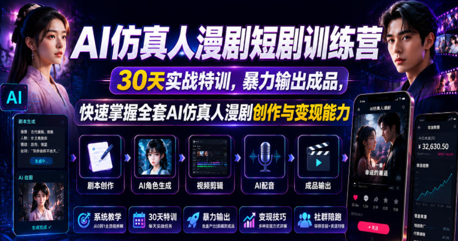 AI仿真人漫剧短剧训练营,30天实战特训,暴力输出成品,快速掌握全套AI仿真人漫剧创作与变现能力-马哥的资源库