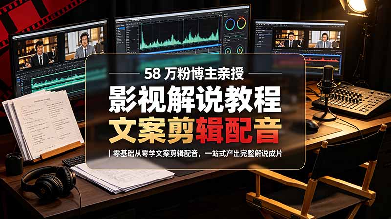 58 万粉博主荧幕春秋亲授影视解说教程｜零基础从零学文案剪辑配音，一站式产出完整解说成片-马哥的资源库