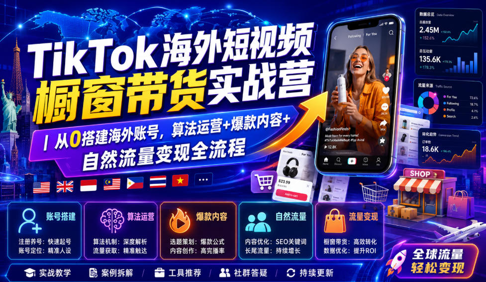 TikTok海外短视频橱窗带货实战营｜从0搭建海外账号，算法运营+爆款内容+自然流量变现全流程-马哥的资源库
