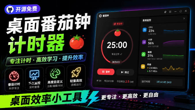 仅1.16MB,开源极简的桌面时钟、番茄钟计时器,还支持系统监控显示,桌面效率小工具Catime-马哥的资源库