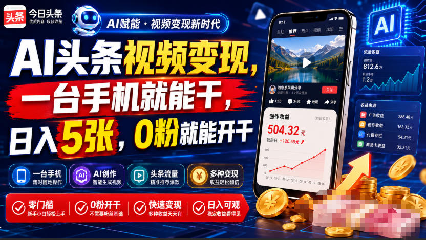 AI头条视频变现,一台手机就能干,日入5张,0粉就能开干-马哥的资源库