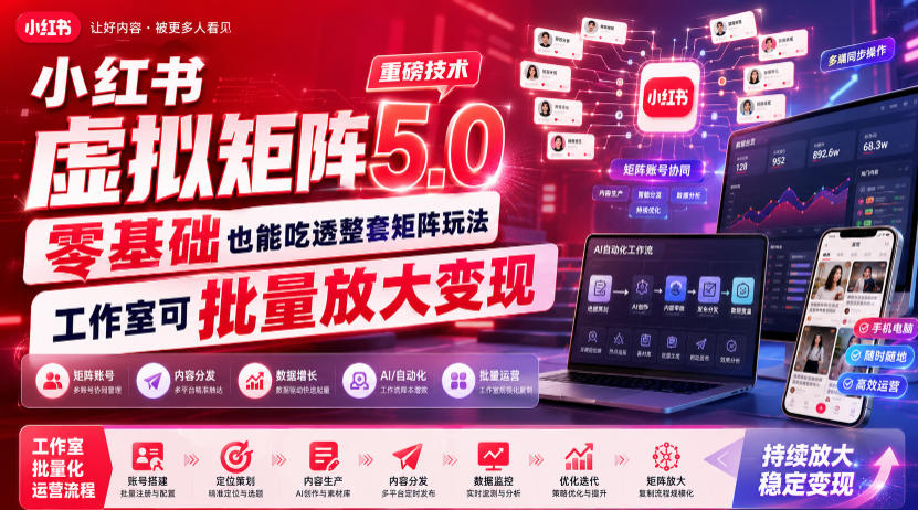 小红书虚拟矩阵5.0重磅技术，零基础也能吃透整套矩阵玩法，工作室可批量放大变现-马哥的资源库