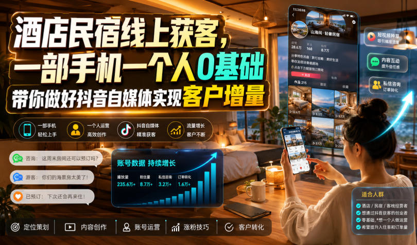 酒店民宿线上获客，一部手机一个人0基础带你做好抖音自媒体实现客户增量-马哥的资源库