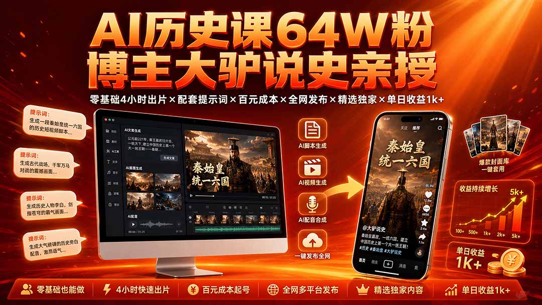 AI历史课64W粉博主大驴说史亲授:零基础4小时出片×配套提示词×百元成本×全网发布×精选独家×单日收益1k+-马哥的资源库