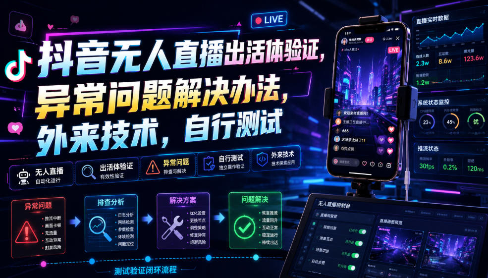 抖音无人直播出活体验证，异常问题解决办法，外来技术，自行测试-马哥的资源库