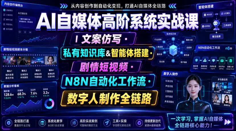 AI自媒体高阶系统实战课|文案仿写・私有知识库&智能体搭建・剧情短视频・N8N自动化工作流・数字人制作全链路-马哥的资源库