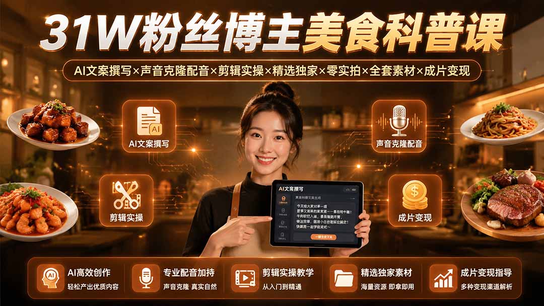 31W粉丝博主美食科普课:AI文案撰写×声音克隆配音×剪辑实操×精选独家×零实拍×全套素材×成片变现-马哥的资源库