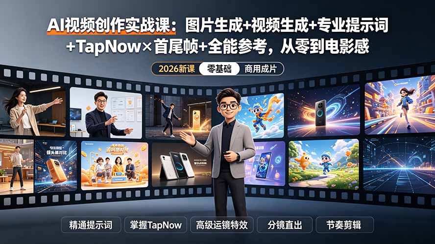 AI视频创作实战课：图片生成+视频生成+专业提示词+TapNow×首尾帧+全能参考，从零到电影感成片-马哥的资源库