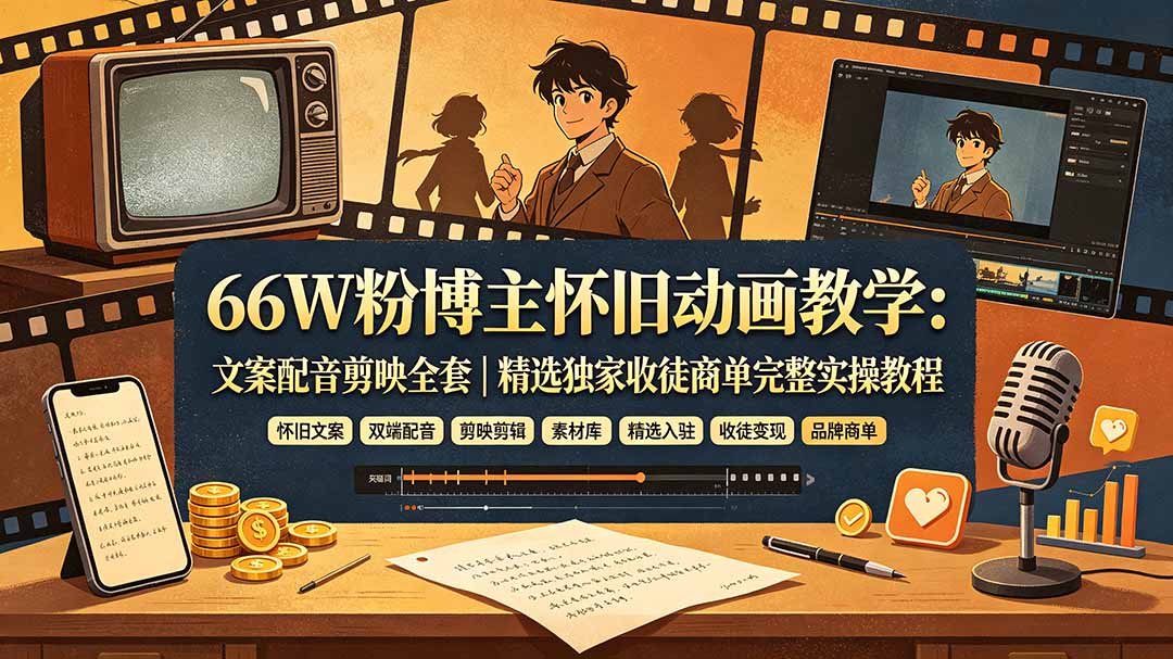 66W粉博主怀旧动画教学:文案配音剪映全套|精选独家收徒商单完整实操教程-马哥的资源库