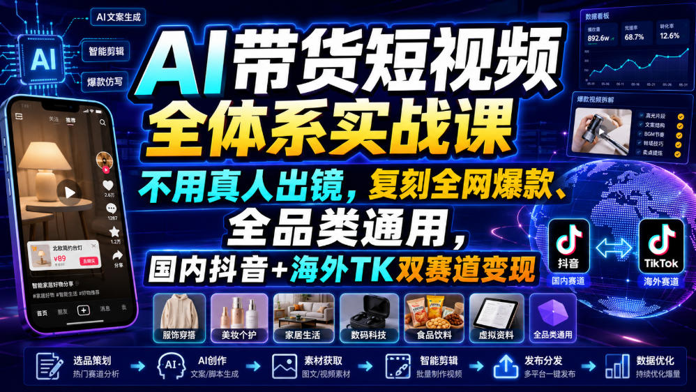 AI带货短视频全体系实战课，不用真人出镜，复刻全网爆款、全品类通用，国内抖音+海外TK双赛道变现-马哥的资源库