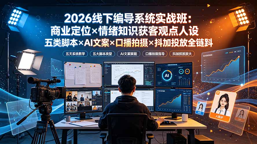 2026线下编导系统实战班:商业定位×情绪知识获客观点人设五类脚本×AI文案×口播拍摄×抖加投放全链路-马哥的资源库