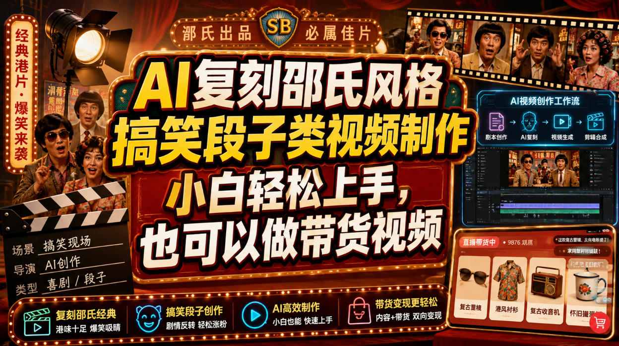 AI复刻邵氏风格搞笑段子类视频制作，小白轻松上手，也可以做带货视频-马哥的资源库