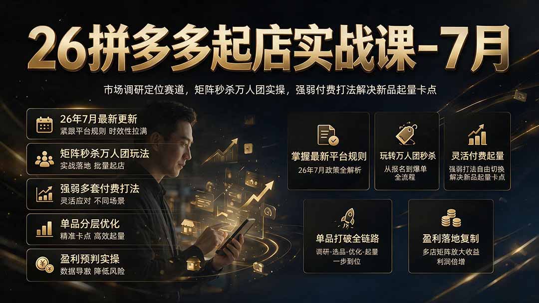 26拼多多起店实战课-7月｜市场调研定位赛道，矩阵秒杀万人团实操，强弱付费打法解决新品起量卡点-马哥的资源库