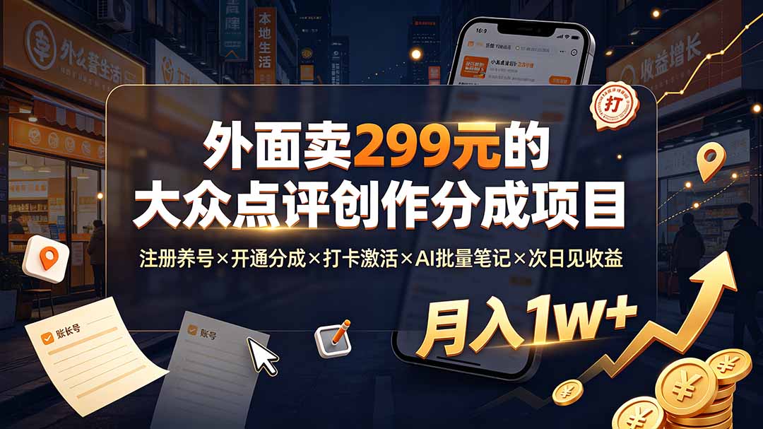 外面卖299元的大众点评创作分成项目：注册养号×开通分成×打卡激活×AI批量笔记×次日见收益，月入1w+-马哥的资源库