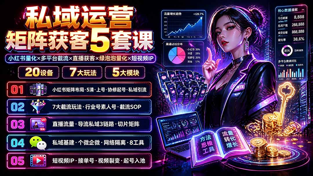 私域运营矩阵获客5套课:小红书量化×多平台截流×直播获客×绿泡泡量化×短视频IP×20设备×7大玩法-马哥的资源库