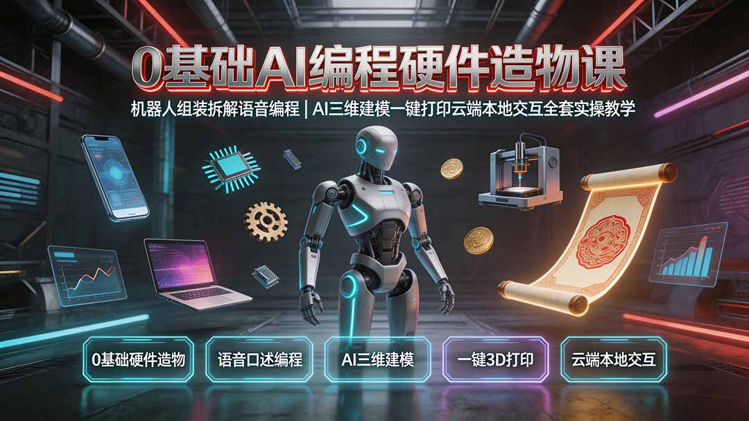 0基础AI编程硬件造物课|机器人组装拆解语音编程,AI三维建模一键打印云端本地交互全套实操教学-马哥的资源库