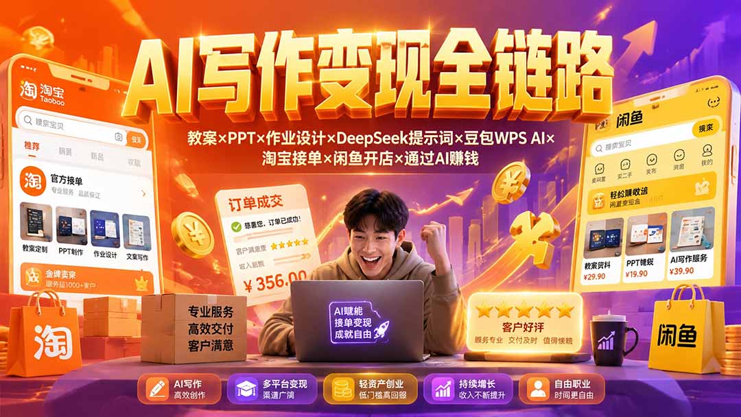 2026AI写作变现全链路:教案×PPT×作业设计×DeepSeek提示词×豆包WPS AI×淘宝接单×闲鱼开店×通过AI賺钱-马哥的资源库