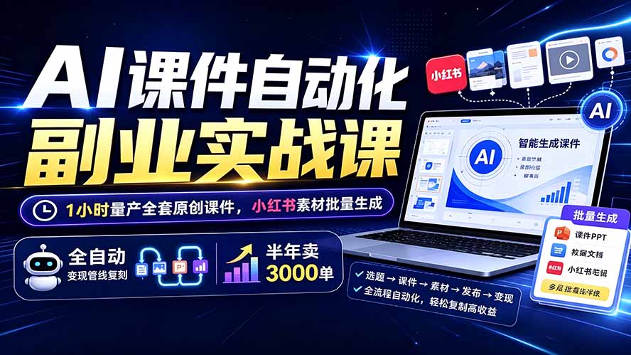 AI课件自动化副业实战课：1小时量产全套原创课件×小红书素材批量生成×全自动变现管线×半年卖3000单-马哥的资源库