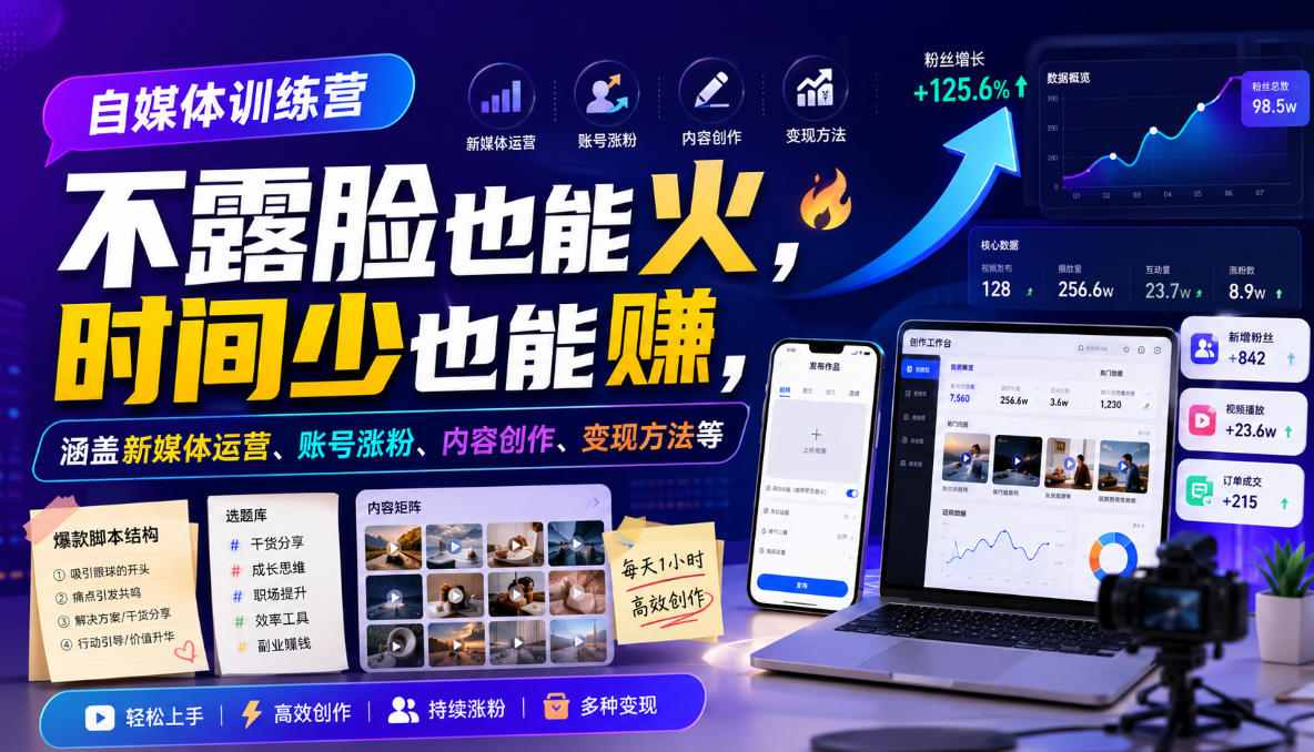 自媒体训练营，不露脸也能火，时间少也能賺，涵盖新媒体运营、账号涨粉、内容创作、变现方法等-马哥的资源库