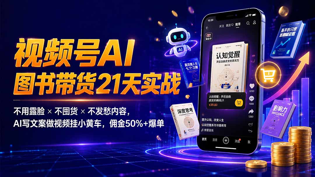 繁花视频号AI图书带货21天实战：不用露脸×不囤货×不发愁内容，AI写文案做视频挂小黄车，佣金50%+爆单-马哥的资源库