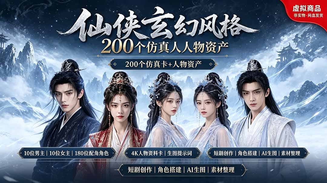 200个仙侠玄幻仿真人素材◆10男主×10女主×180配角，4K资料卡+AI生图提示词，漫剧必备-马哥的资源库