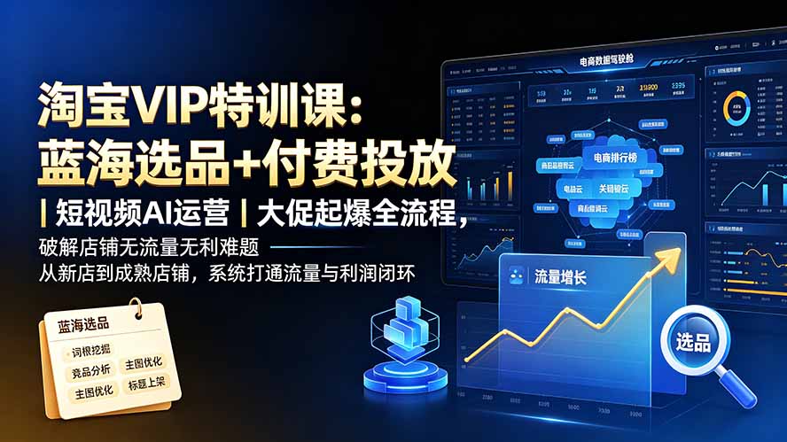 淘宝VIP特训课:蓝海选品+付费投放|短视频AI运营|大促起爆全流程,破解店铺无流量无利润难题-马哥的资源库