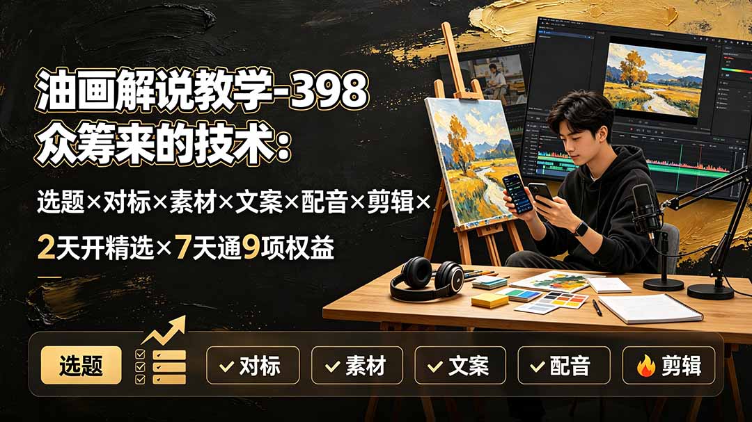 油画解说教学-398众筹来的技术:选题×对标×素材×文案×配音×剪辑×2天开精选×7天通9项权益-马哥的资源库
