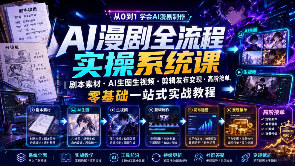 AI漫剧全流程实操系统课｜剧本素材・AI生图生视频・剪辑发布变现・高阶接单，零基础一站式实战教程-马哥的资源库