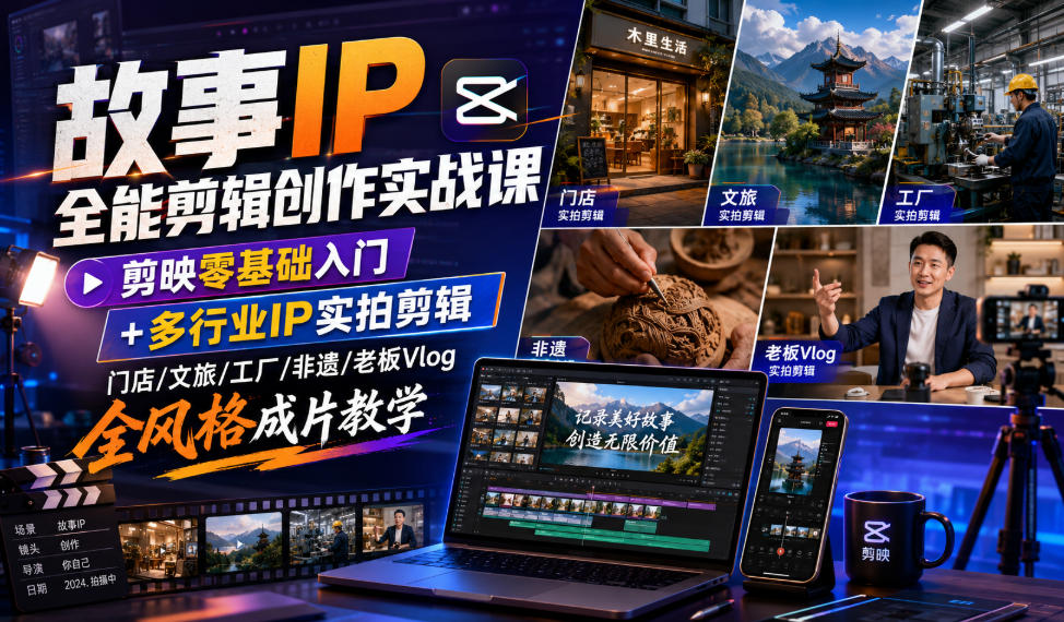 故事IP全能剪辑创作实战课｜剪映零基础入门+多行业IP实拍剪辑，门店/文旅/工厂/非遗/老板Vlog全风格成片教学-马哥的资源库