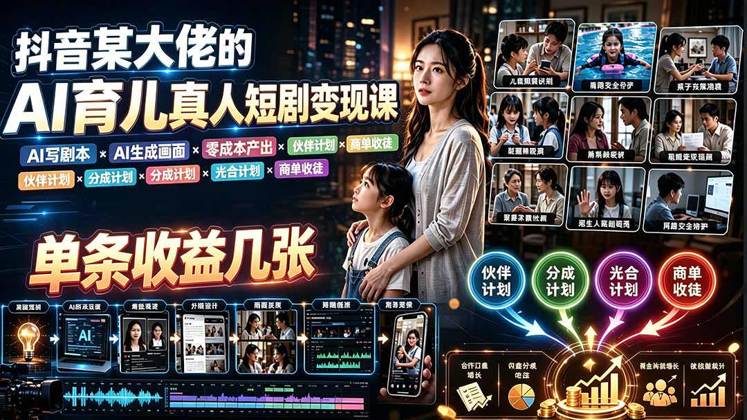 AI育儿真人短剧变现课:AI写剧本×AI生成画面×零成本产出×伙伴计划×分成计划×光合计划×商单收徒-马哥的资源库