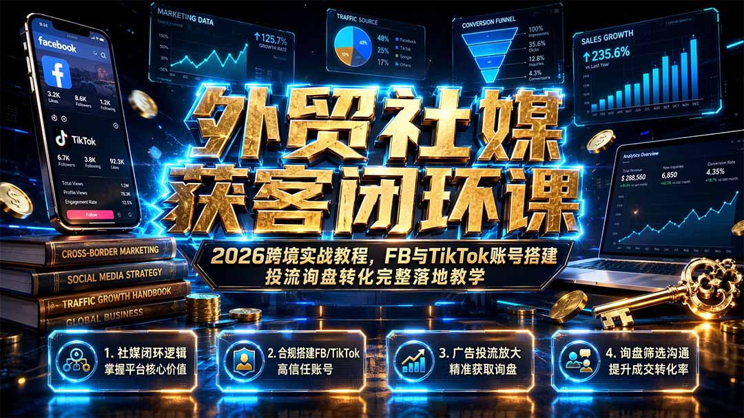 外贸社媒获客闭环课|2026跨境实战教程,FB与TikTok账号搭建投流询盘转化完整落地教学-马哥的资源库
