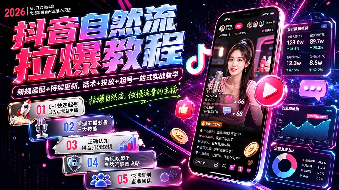 抖音自然流拉爆教程-更新7月:做懂流量的主播,新规适配+持续更新,话术+投放+起号一站式实战教学-马哥的资源库