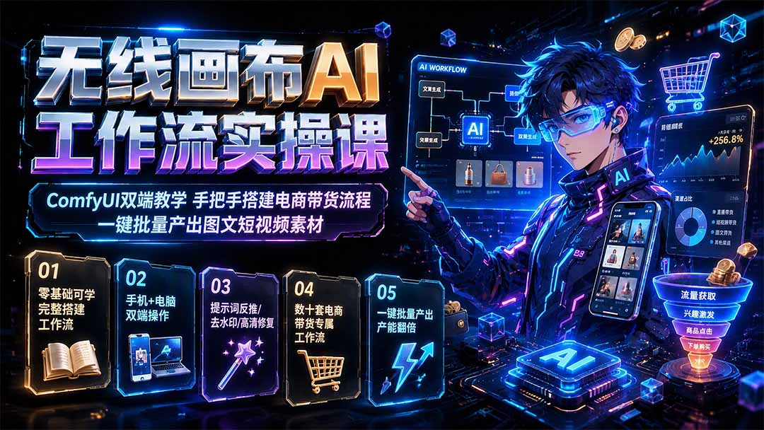 无线画布AI工作流实操课|ComfyUI双端教学,手把手搭建电商带货流程,一键批量产出图文短视频素材-马哥的资源库