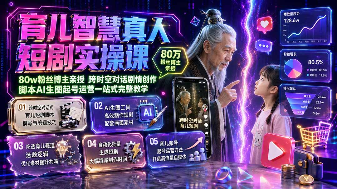 育儿智慧真人短剧实操课|80w粉丝博主亲授,跨时空对话剧情创作,脚本AI生图起号运营一站式完整教学-马哥的资源库