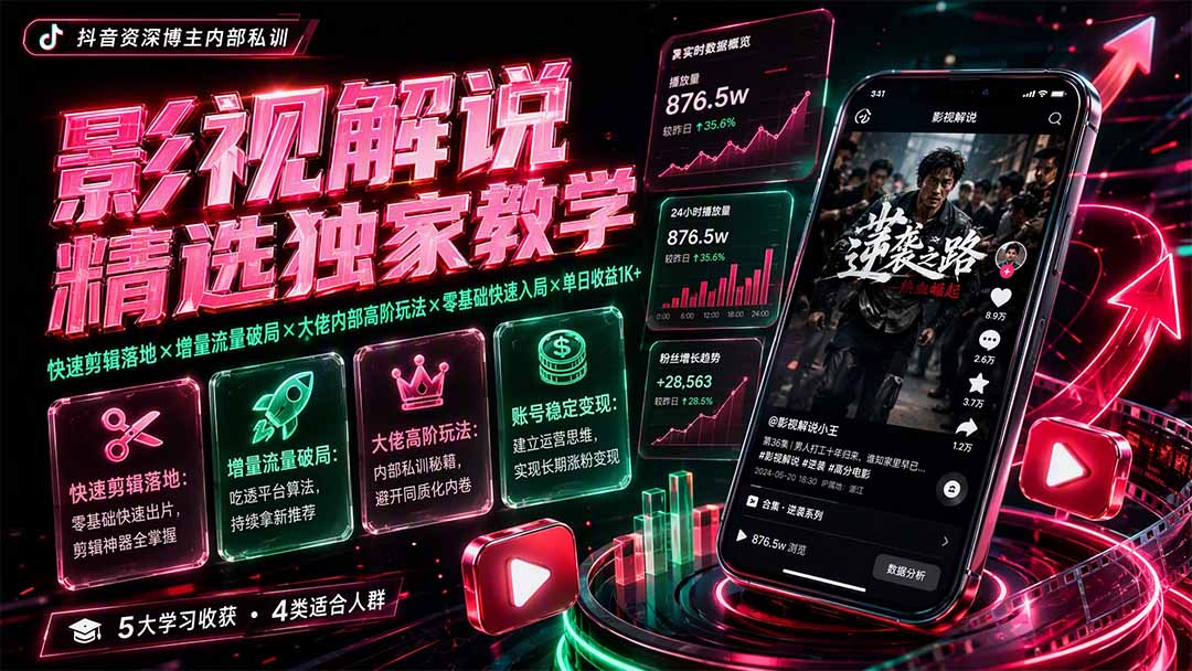 影视解说精选独家教学:快速剪辑落地×增量流量破局×大佬内部高阶玩法×零基础快速入局×单日收益1K+-马哥的资源库